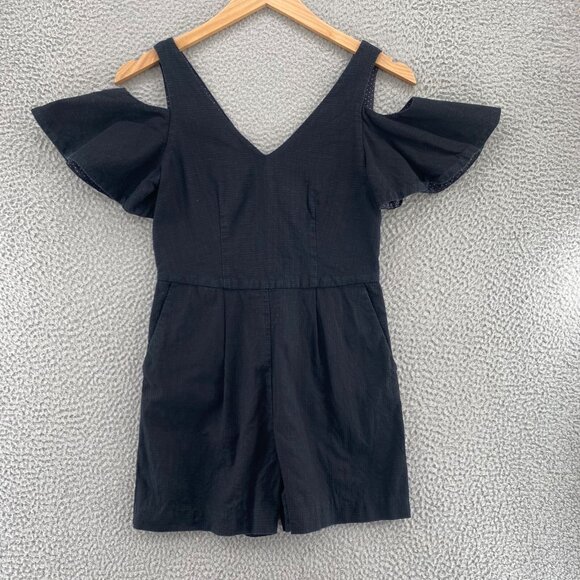 Elevenses Anthropologie Romper Womens 00 Black Cold Shoulder Flutter Sleeve Mini - Picture 1 of 14